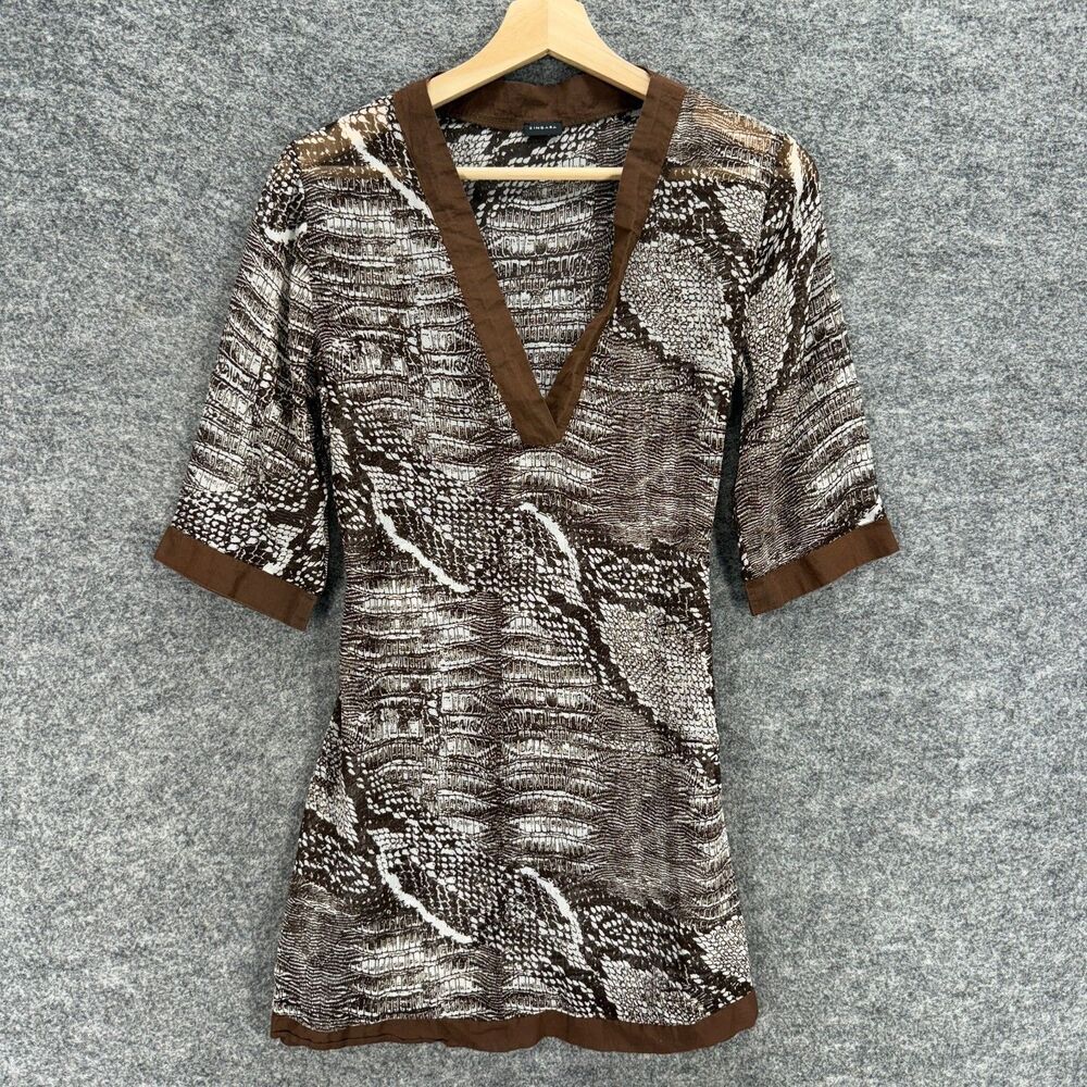 Zingara Blouse Women S Small Brown Animal Print V-Neck 3/4 Sleeve Pullover